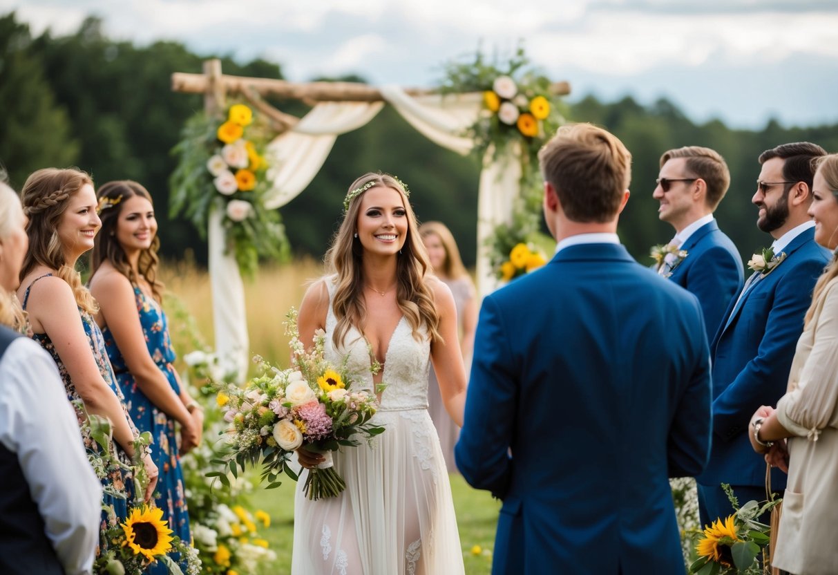 A Type B Bride's wedding: casual, relaxed, natural. Outdoor ceremony with wildflowers, bohemian decor, and a laid-back atmosphere