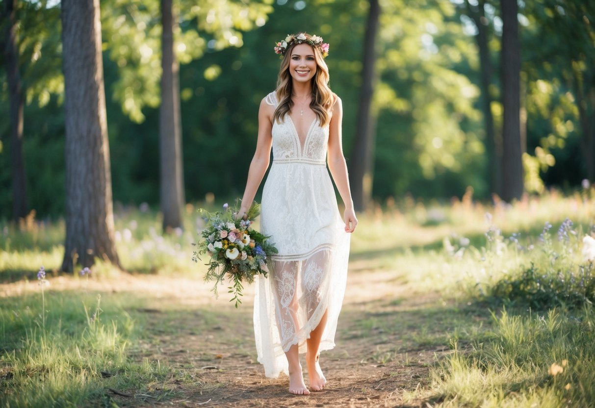 A Type B bride stands barefoot in a forest clearing, wearing a bohemian lace dress and a flower crown. She holds a bouquet of wildflowers and smiles as the sunlight filters through the trees