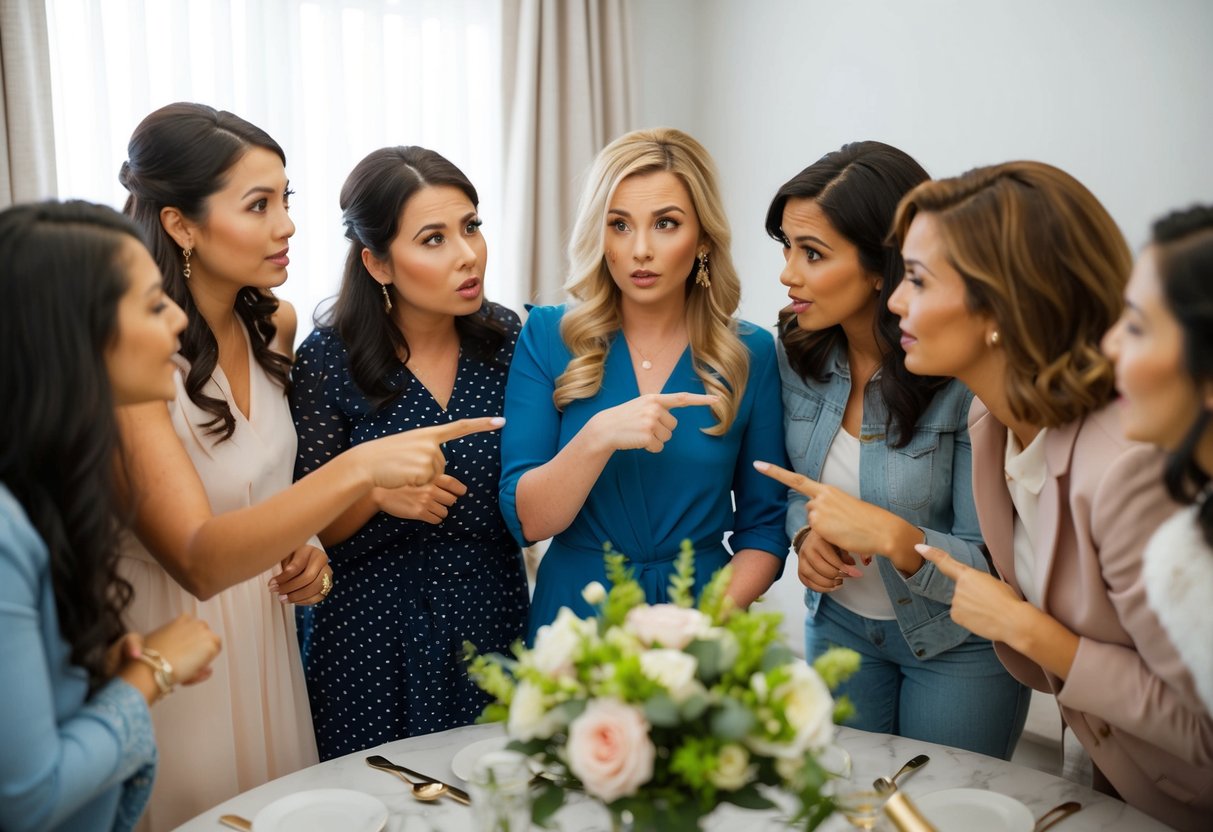 A group of women gossiping and pointing at a woman, excluding her from a bridal shower
