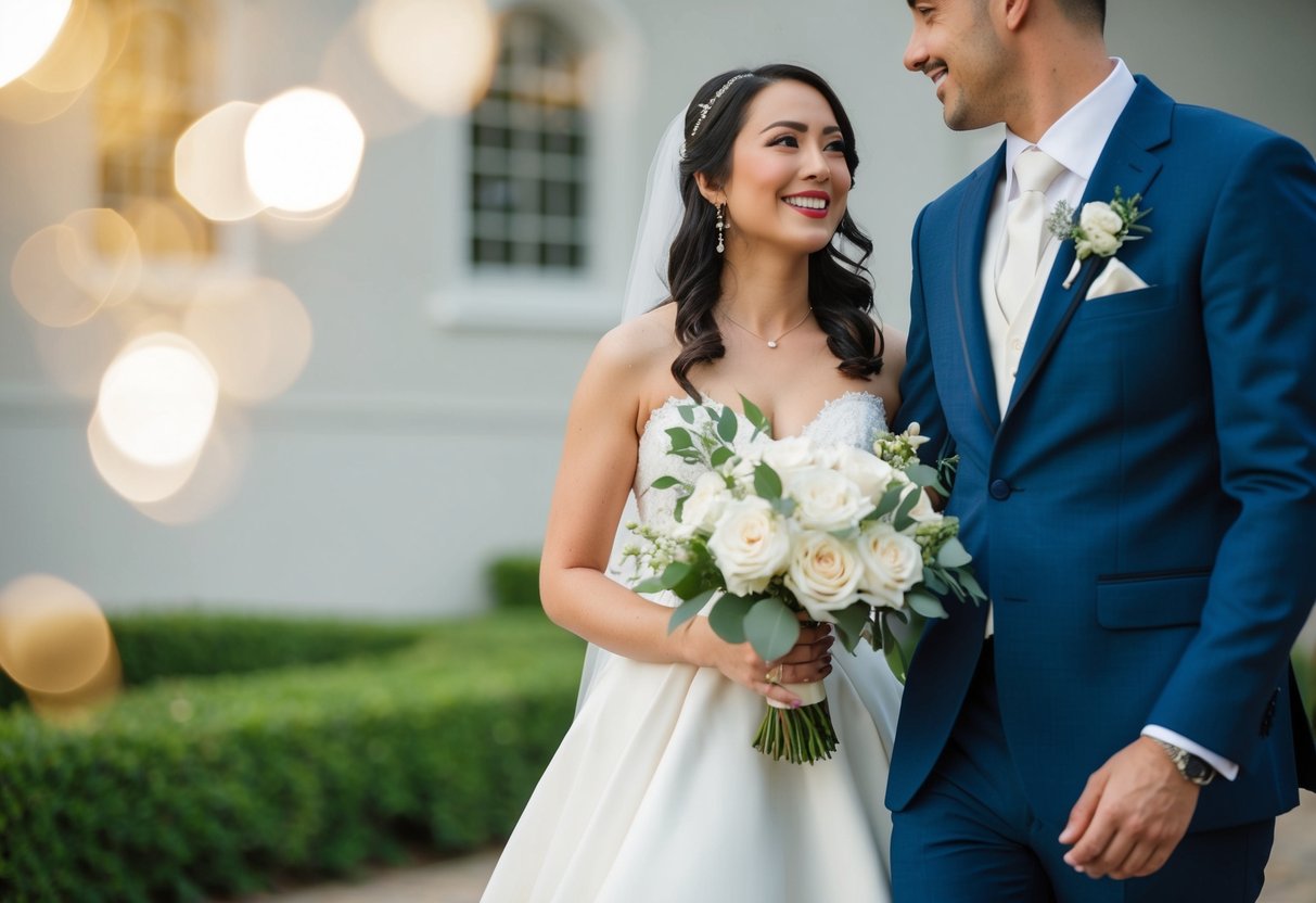 A groom in a white wedding gown holding a bouquet