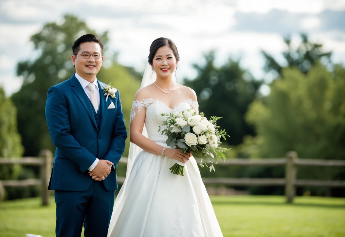 A groom wears a traditional white wedding dress, standing proudly with a bouquet in hand