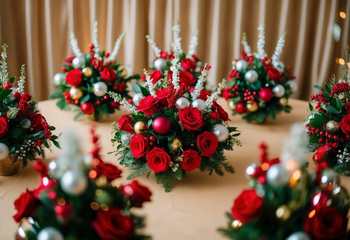 A group of festive decorations and flowers arranged for a wedding celebration