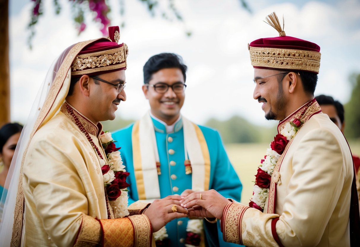 A male bride in a traditional marriage ceremony, adorned in ceremonial attire, standing alongside their partner, exchanging vows and rings