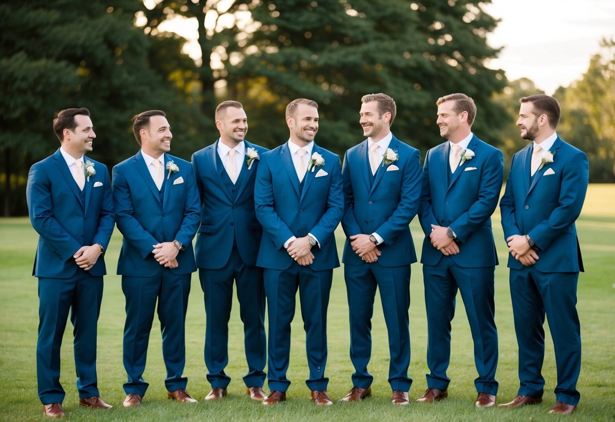 A group of men in matching suits stand together at a wedding, smiling and chatting with each other
