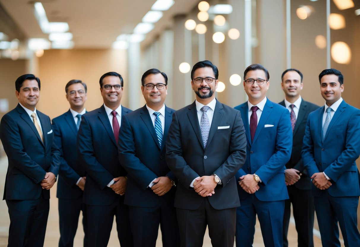 A group of men in suits standing together, with one man slightly apart from the rest
