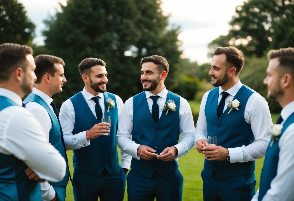 A group of groomsmen gather for pre-wedding activities, discussing their responsibilities and enjoying each other's company