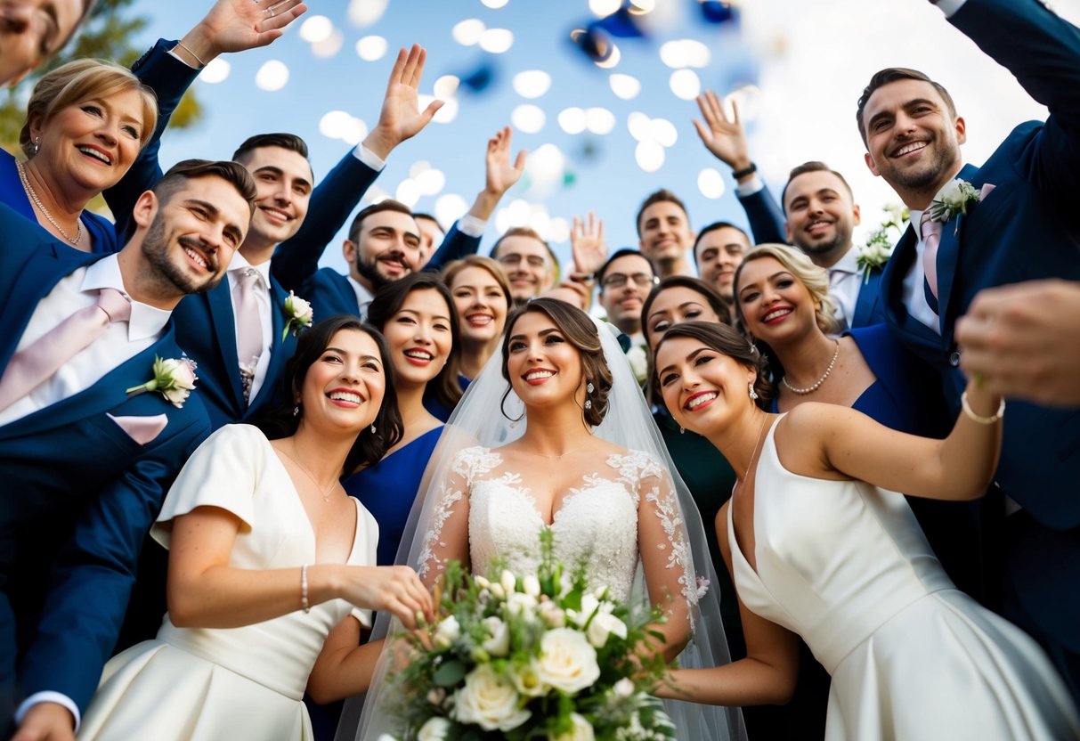 A group of elegantly dressed individuals gather together in celebration, with a focus on the central figure of the bride
