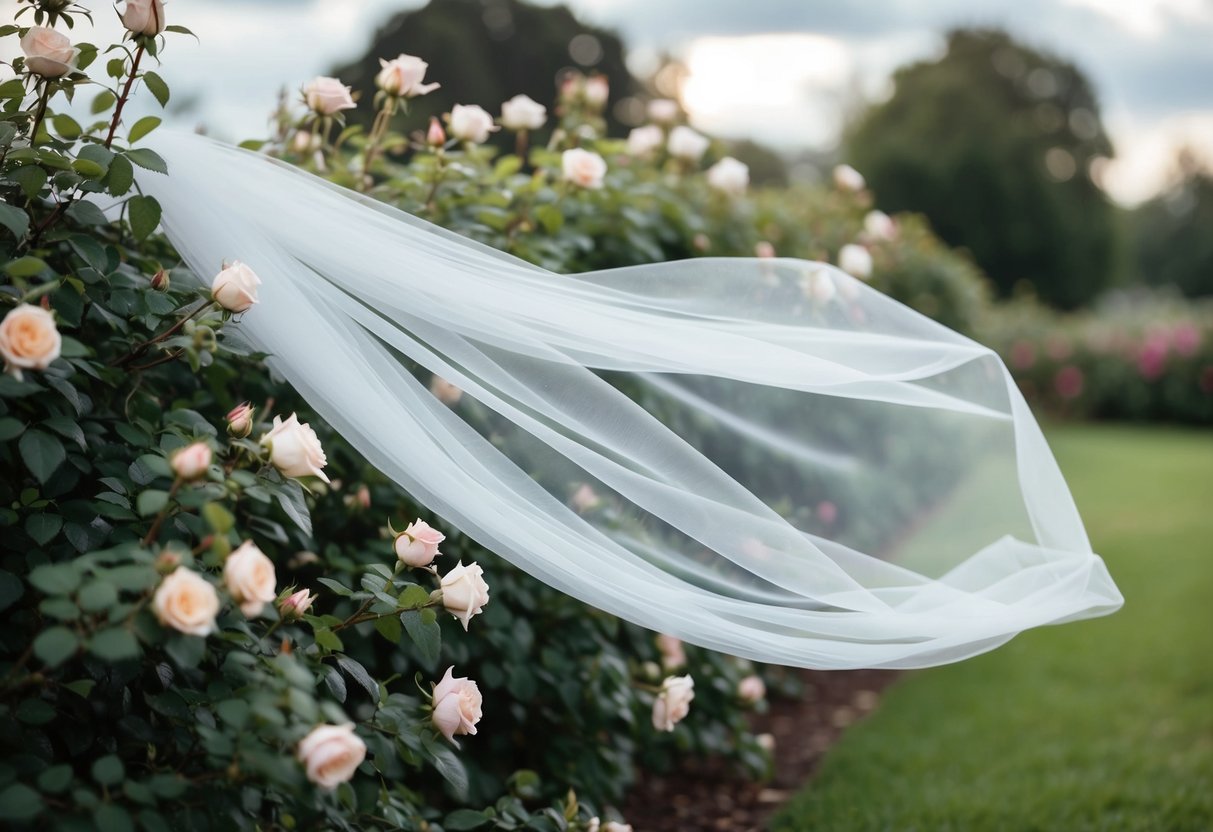 A white wedding veil flowing in the wind, draped over a blooming rose bush