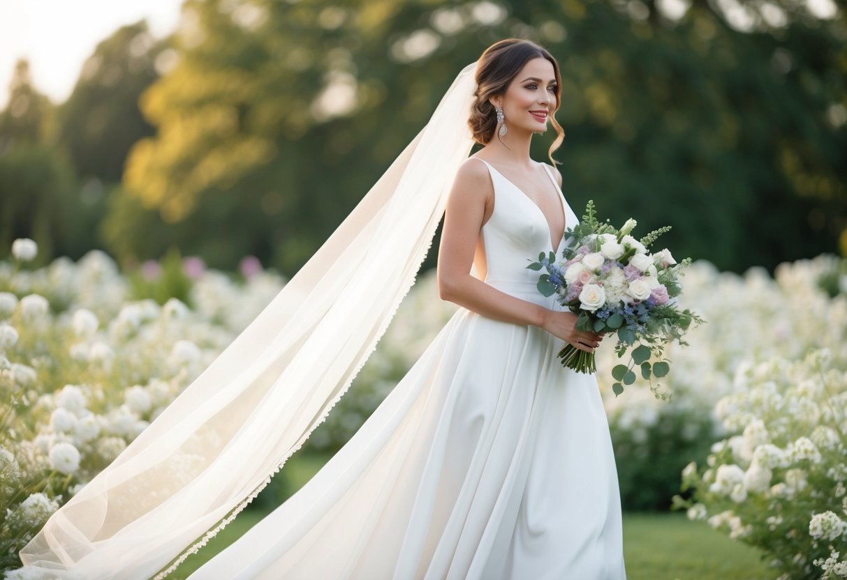 A woman in a flowing white gown with a veil, surrounded by flowers and holding a bouquet