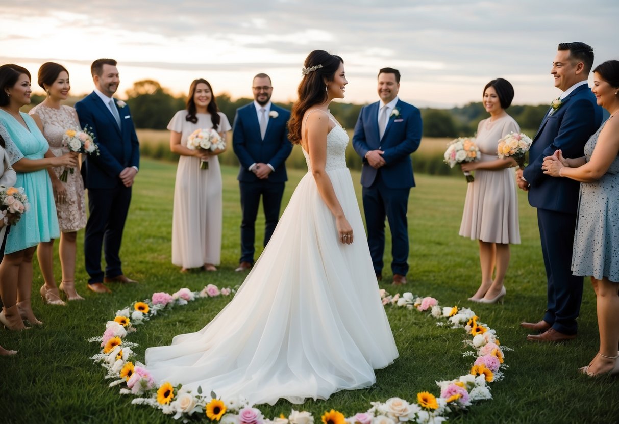 A woman in a flowing white gown stands at the center of a circle of loved ones, surrounded by flowers and symbols of commitment