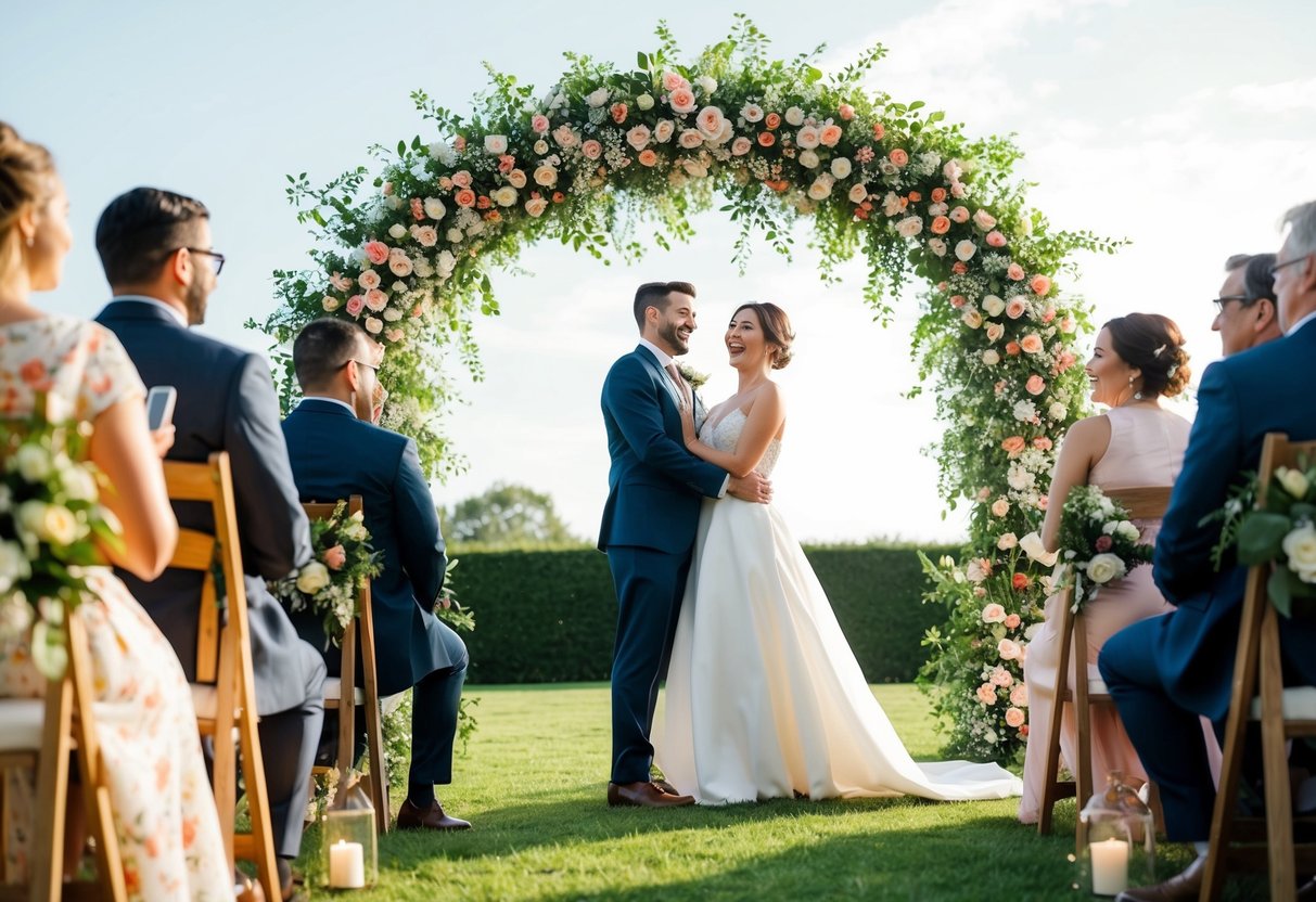 A joyful celebration with a couple standing under a floral arch