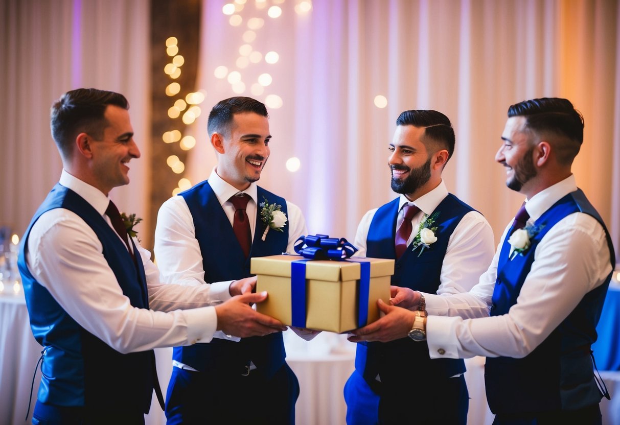 Groomsmen present a gift to the couple at the reception