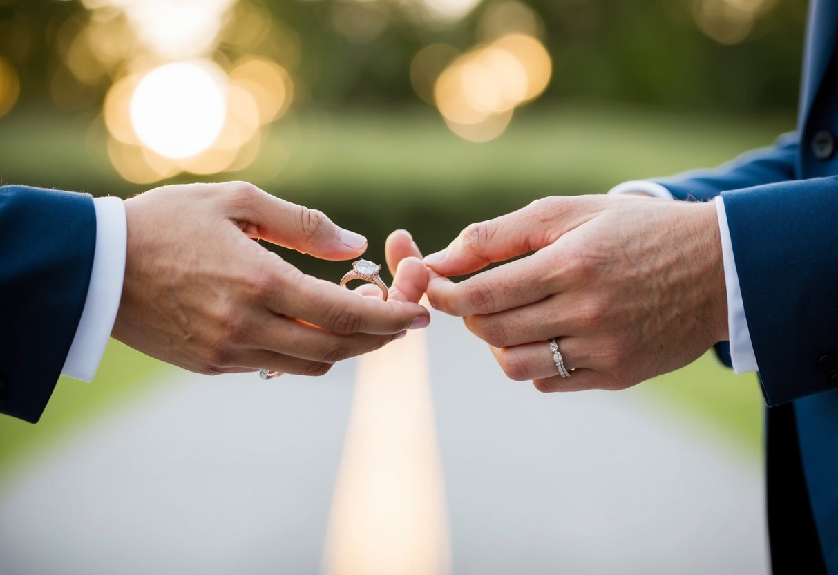 A couple's hands exchanging wedding rings