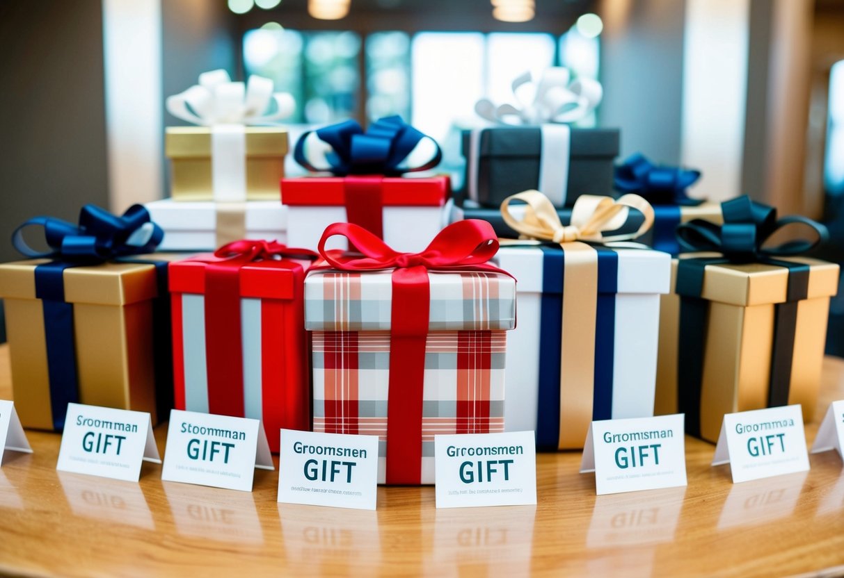 Groomsmen gifts displayed on a table with various options and price tags