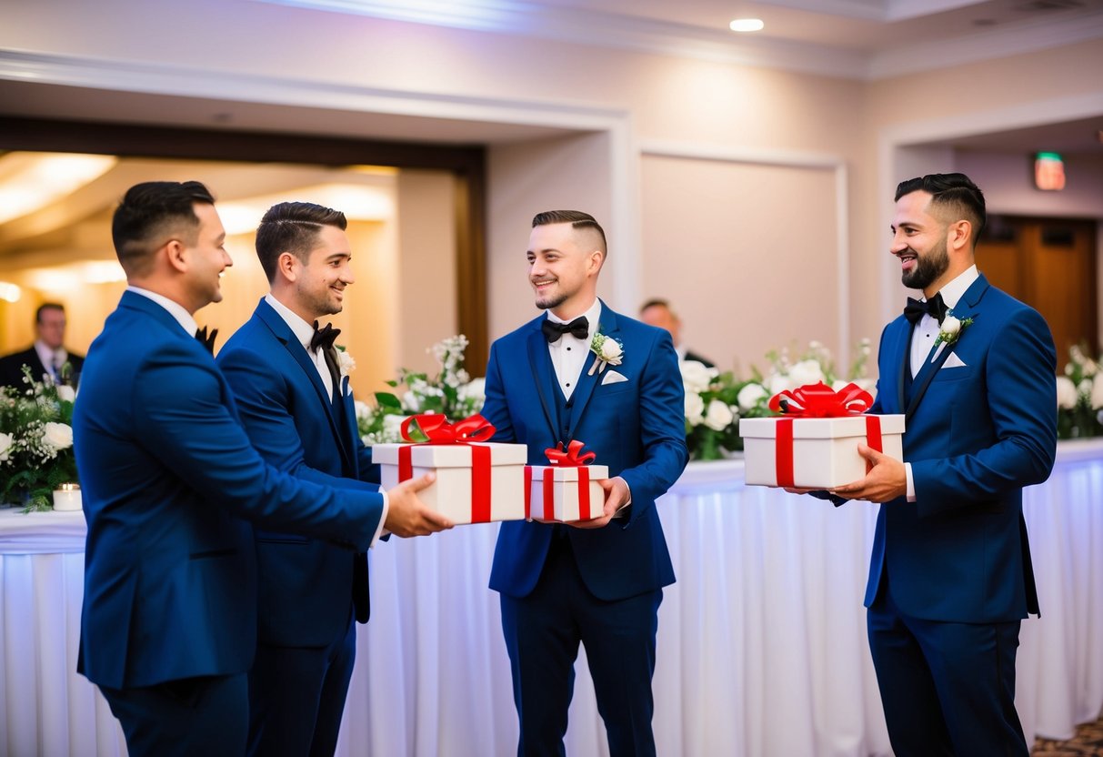 Groomsmen presenting gifts to a couple at a wedding reception