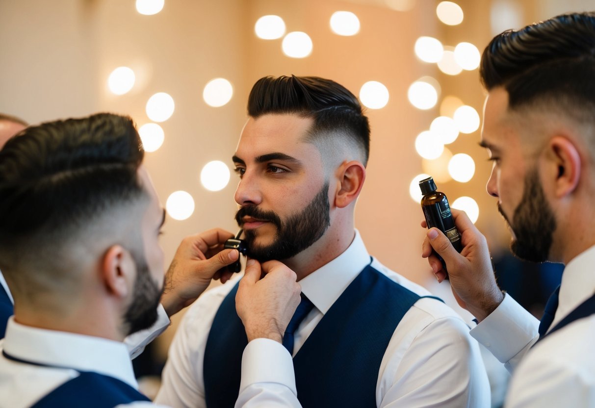 Groomsmen trimming facial hair before a wedding