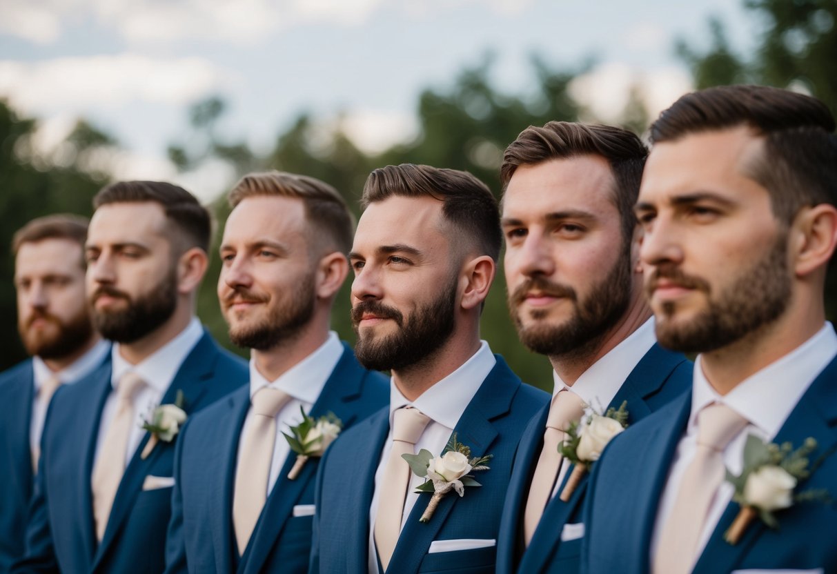 A group of groomsmen with varying facial hair lengths standing together, some clean-shaven, others with stubble or beards
