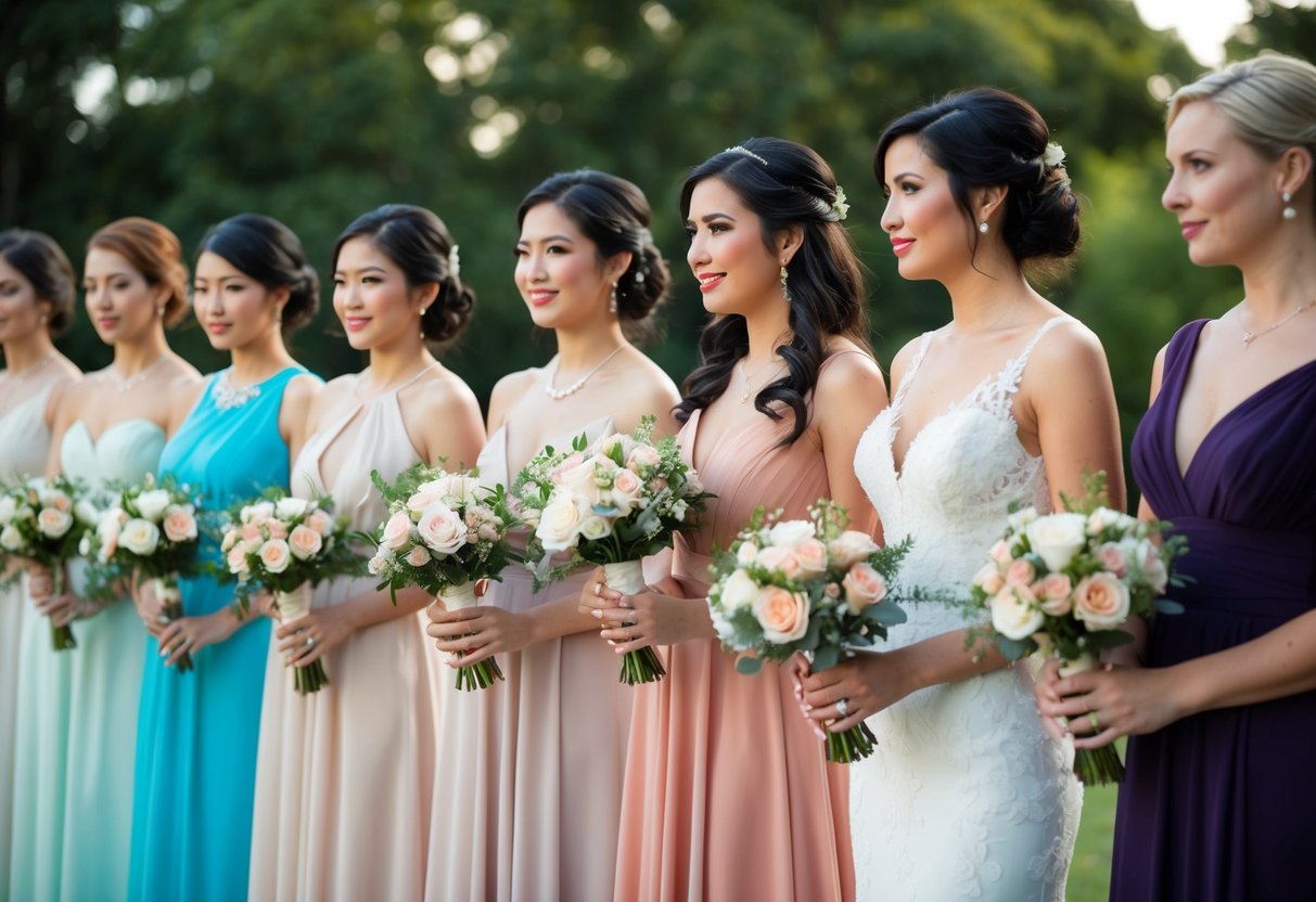 A group of elegantly dressed women standing in a line, each holding a bouquet of flowers, while a bride-to-be inspects their attire and demeanor