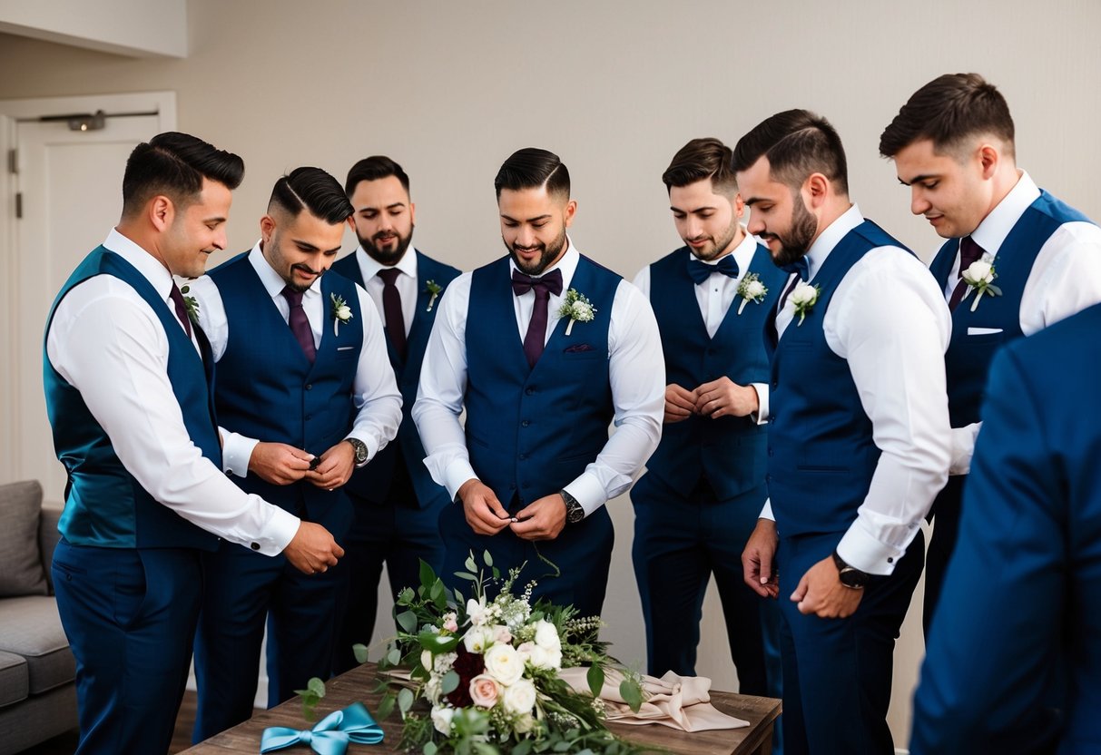 A group of groomsmen engaging in various wedding-related tasks, such as organizing suits, tying bowties, and arranging flowers