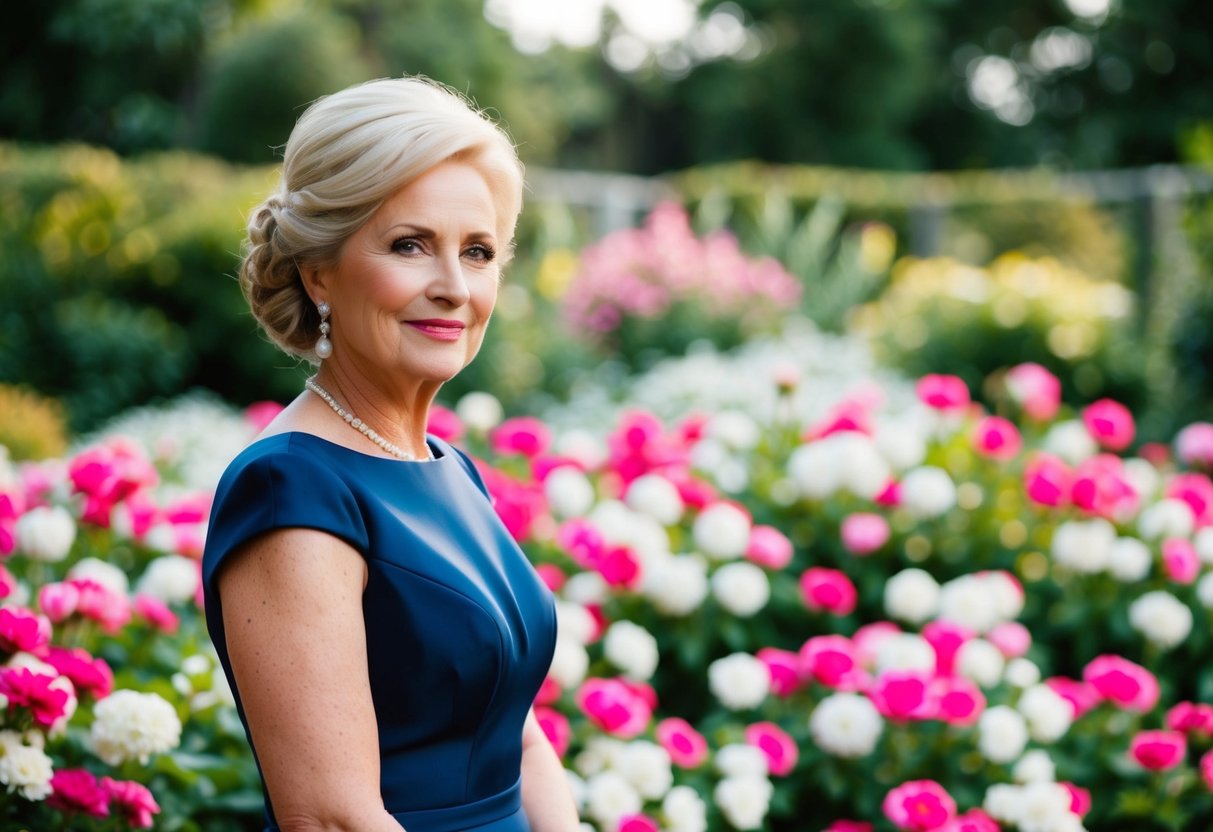 A mother of the bride wearing a deep navy blue dress, standing in a garden filled with vibrant pink and white flowers
