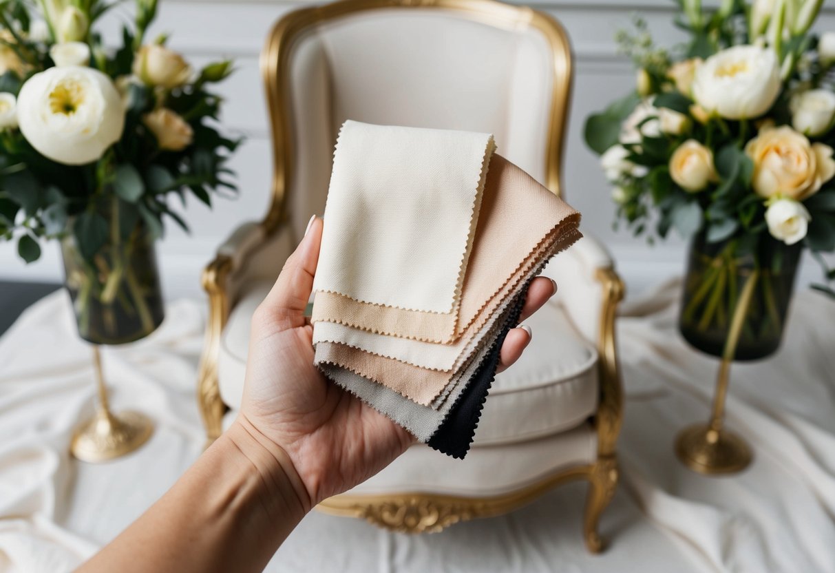 A woman's hand holding swatches of elegant, neutral-colored fabrics, surrounded by floral arrangements and luxurious furniture
