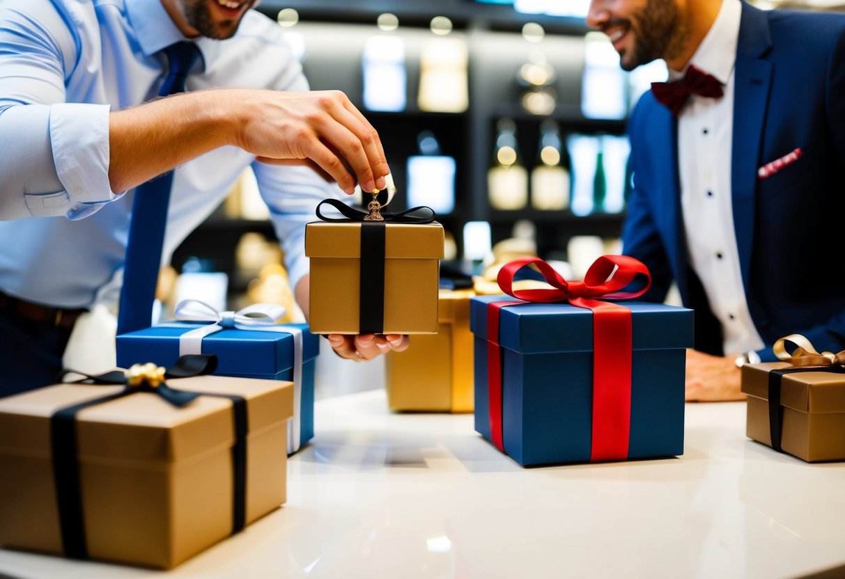 A group of groomsmen gifts being chosen and purchased at a boutique or online store