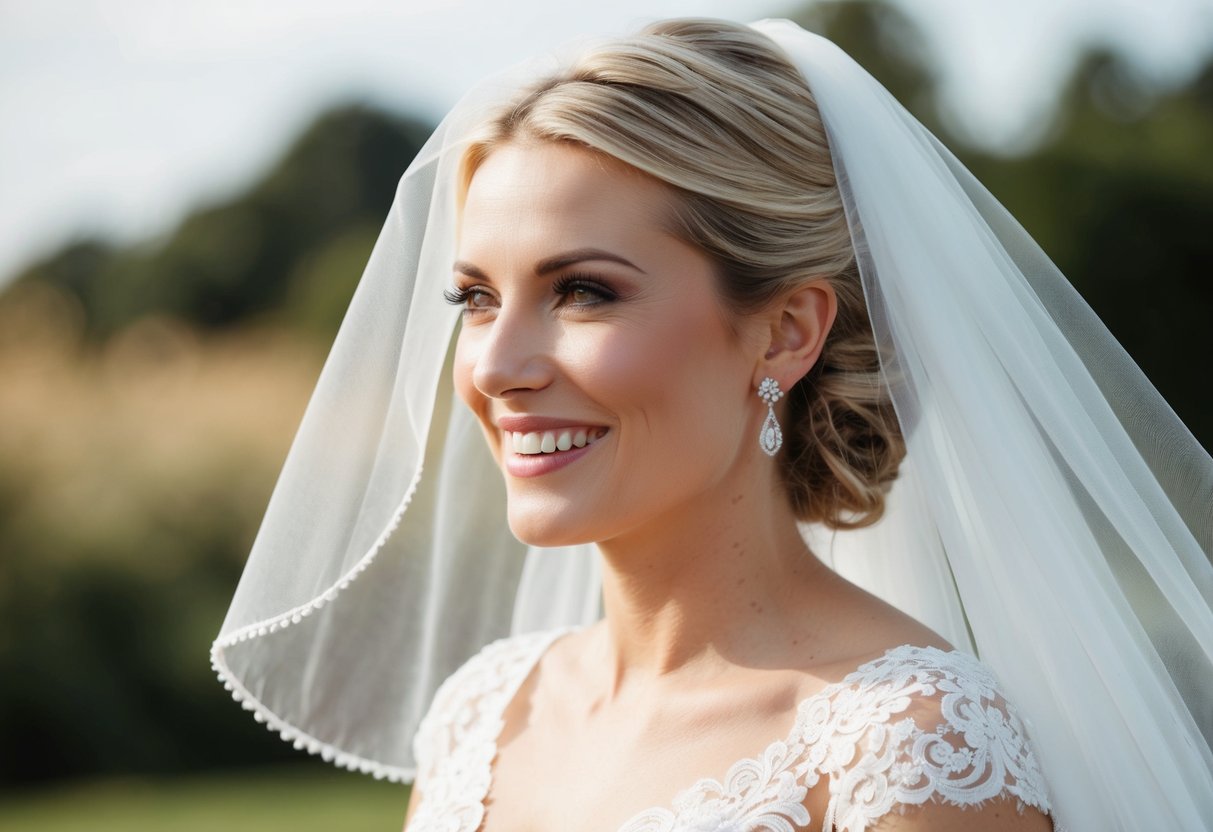 A gentle breeze lifts the veil from the bride's face, revealing her radiant smile
