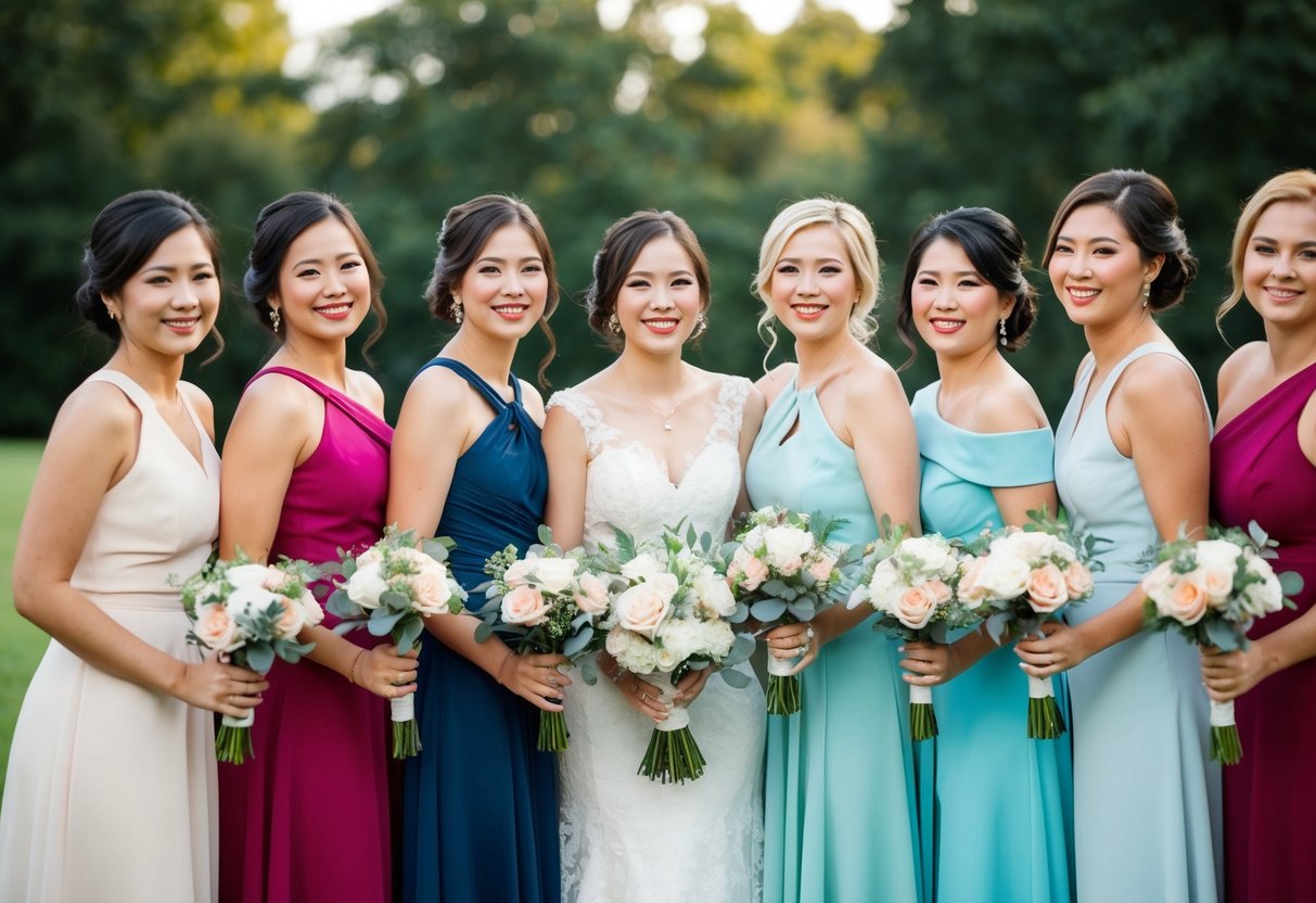 A group of women in matching attire stand together, holding bouquets and smiling