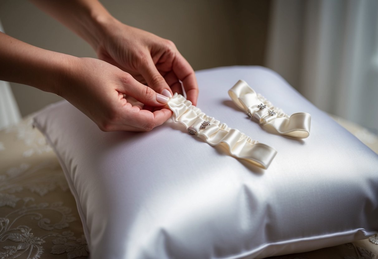 A bride's garter being delicately placed on a satin pillow