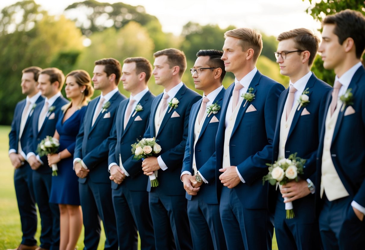 A group of formally dressed individuals standing in a line, each holding a small bouquet or boutonniere