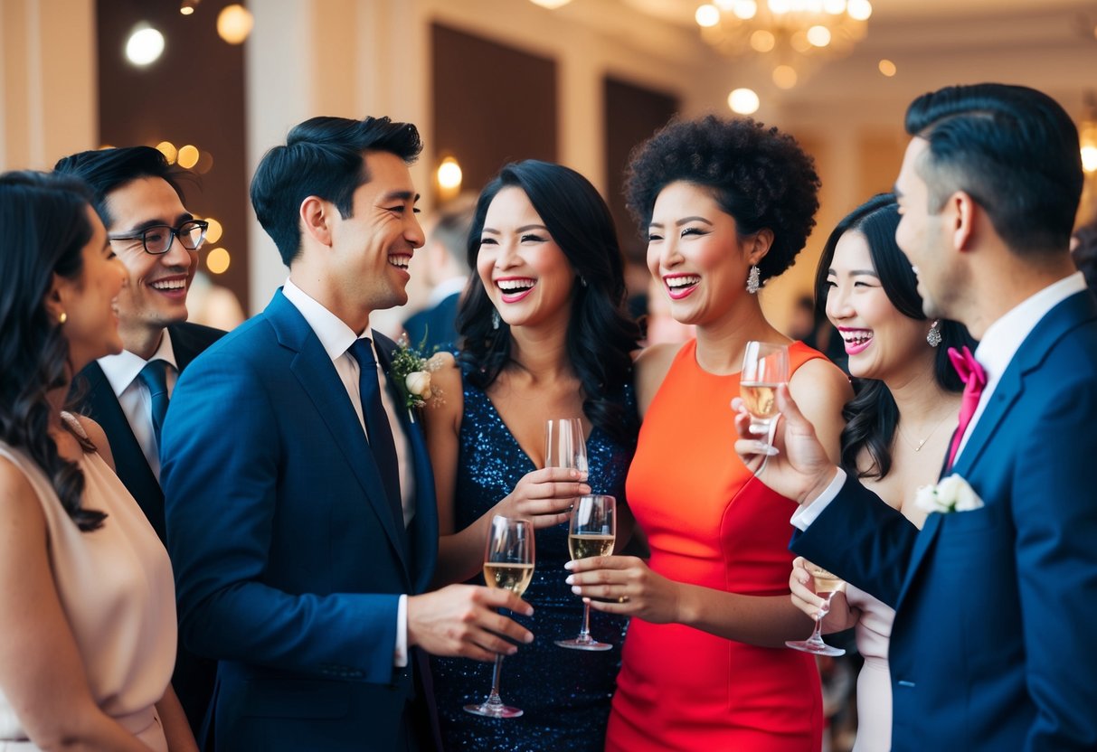 A group of elegantly dressed individuals conversing and laughing together in a festive and celebratory atmosphere