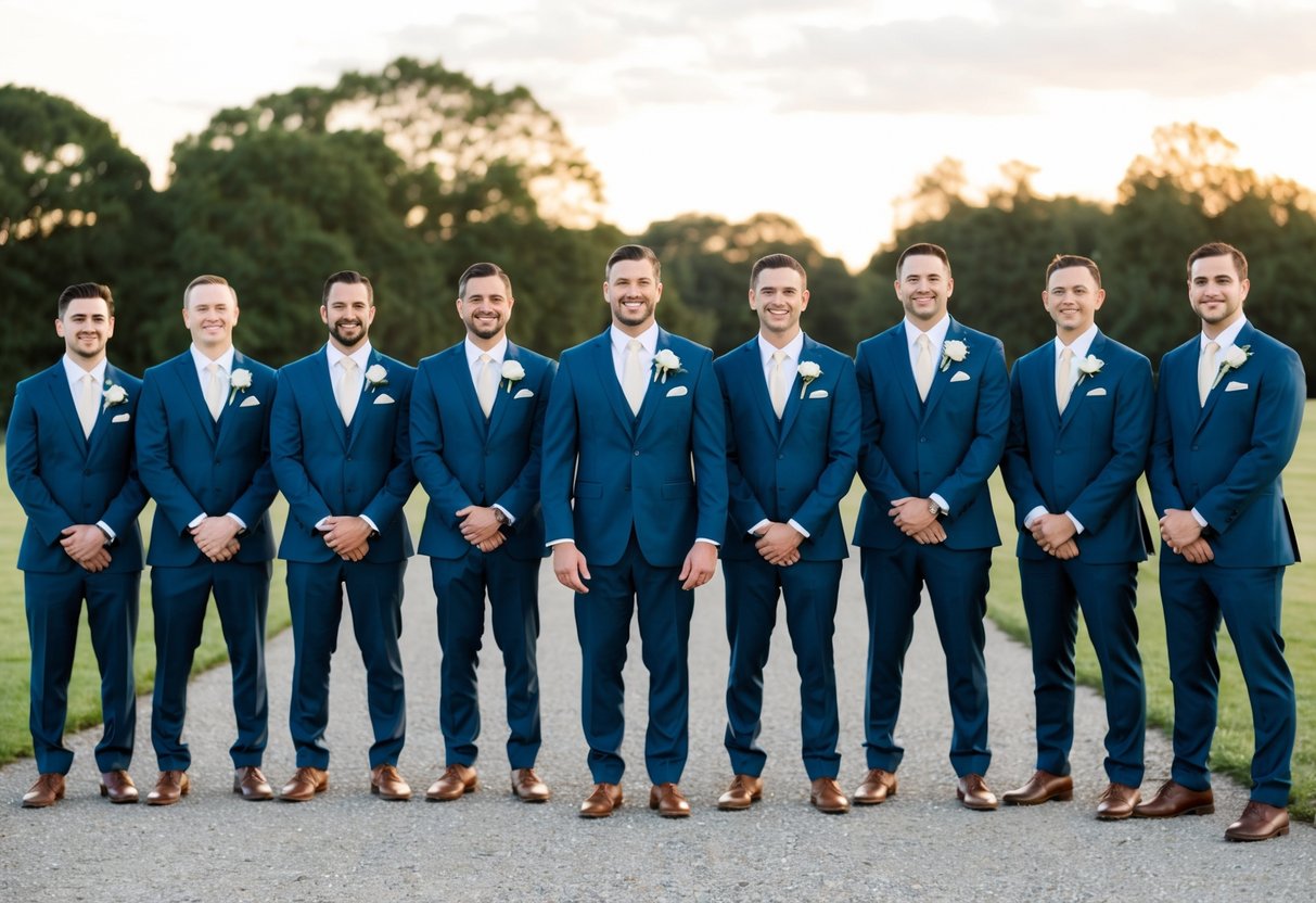 Groomsmen stand in a row, wearing matching suits and holding bouquets. The groom is at the center, surrounded by his closest friends