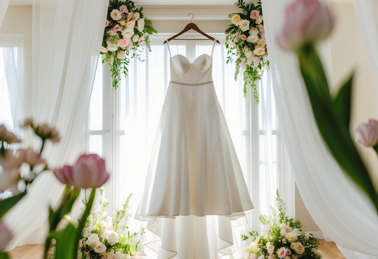 A white wedding dress hanging in a sunlit room, surrounded by blooming flowers and soft, flowing fabric