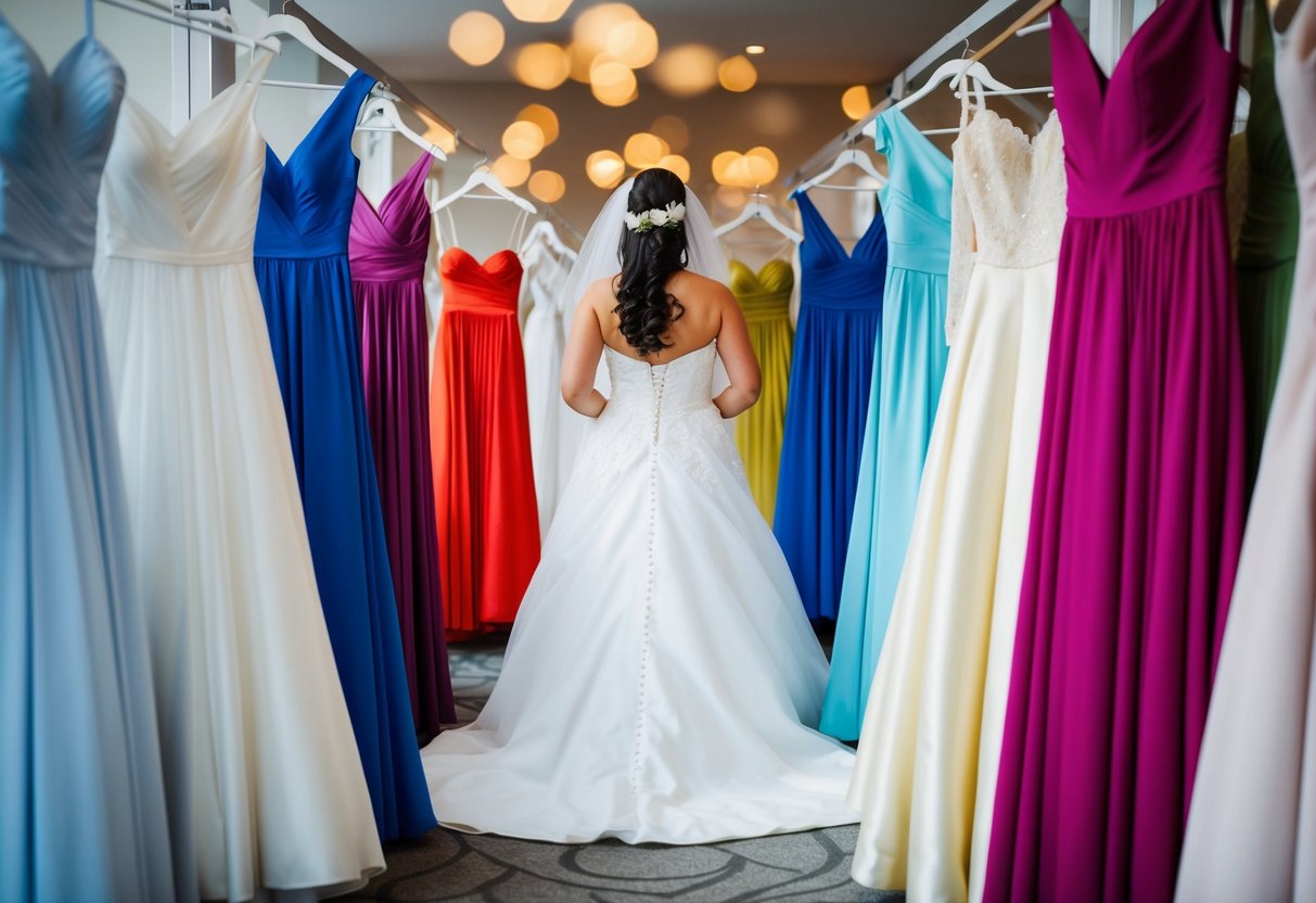 A bride surrounded by various colored wedding dresses, hesitating before a white gown
