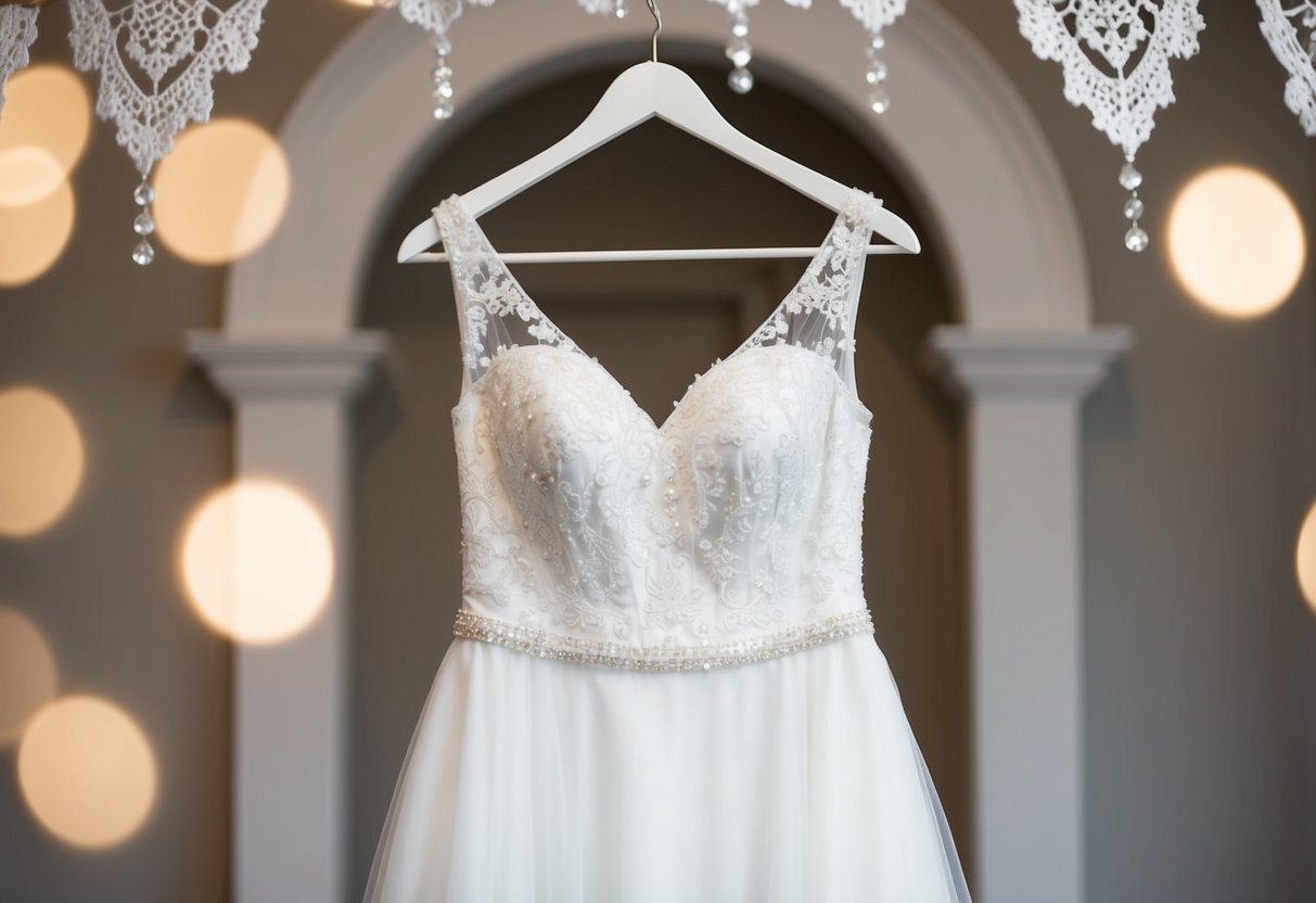A beautiful white wedding dress hanging on a hanger, surrounded by delicate lace and sparkling beads