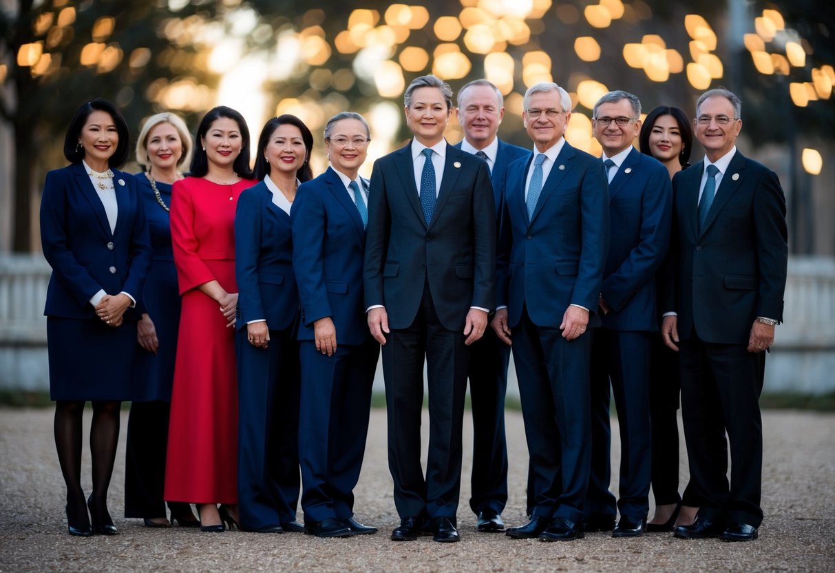 A group of figures in formal attire stand together, with one central figure distinguished from the others