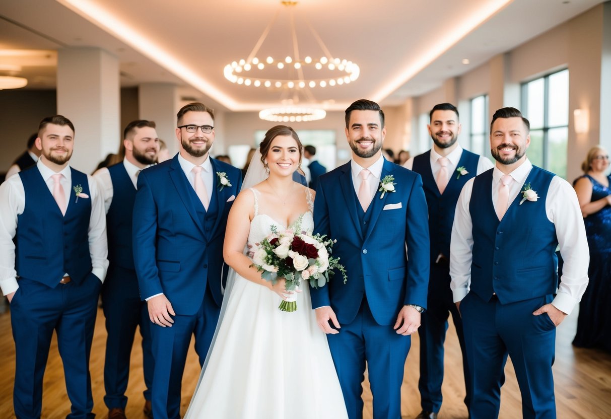 A bride and groomsmen standing together in a modern wedding party scene