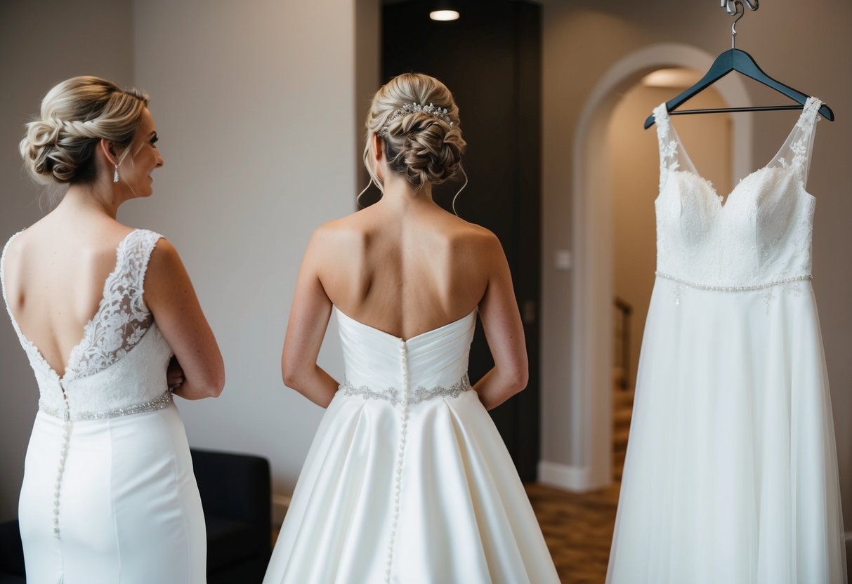 A bride standing in front of two wedding dresses, contemplating which one to wear for her second wedding