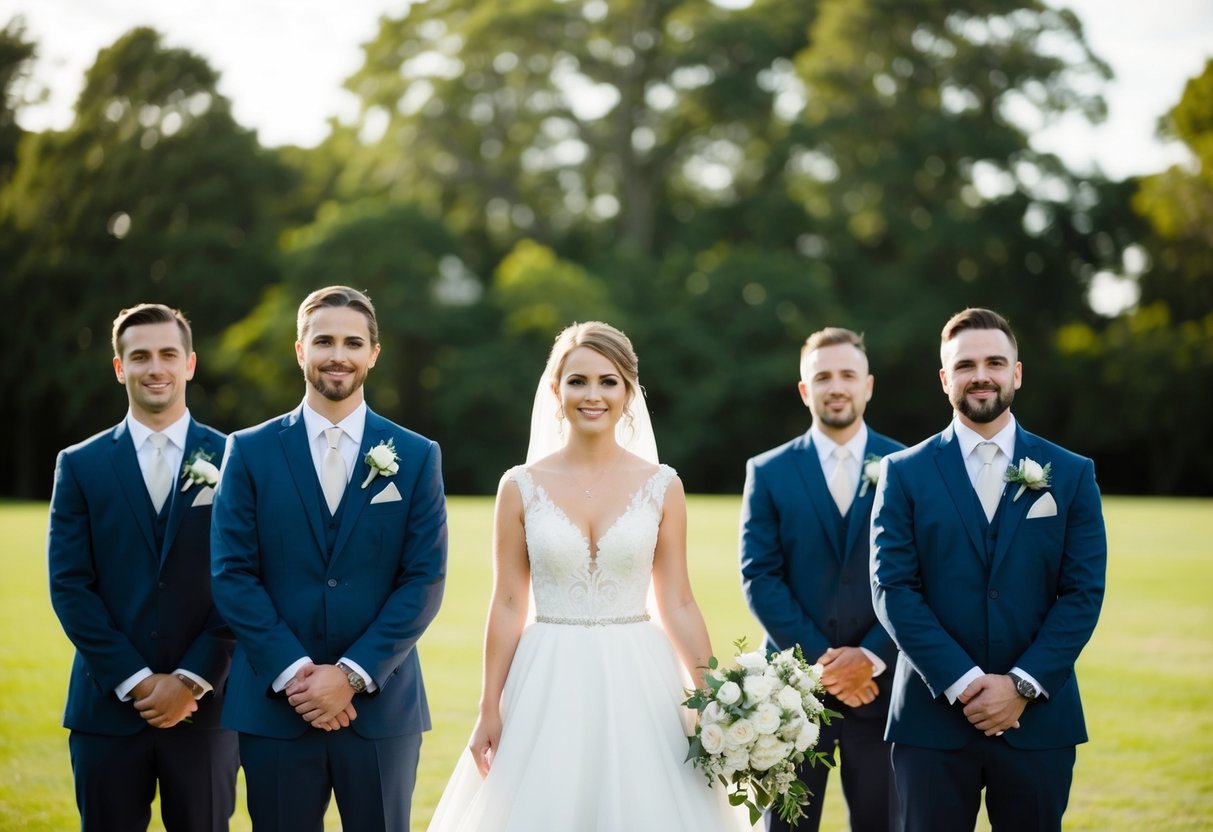 A bride and groomsmen standing in a line, with the bride at the center and the groomsmen on either side, all looking towards the camera