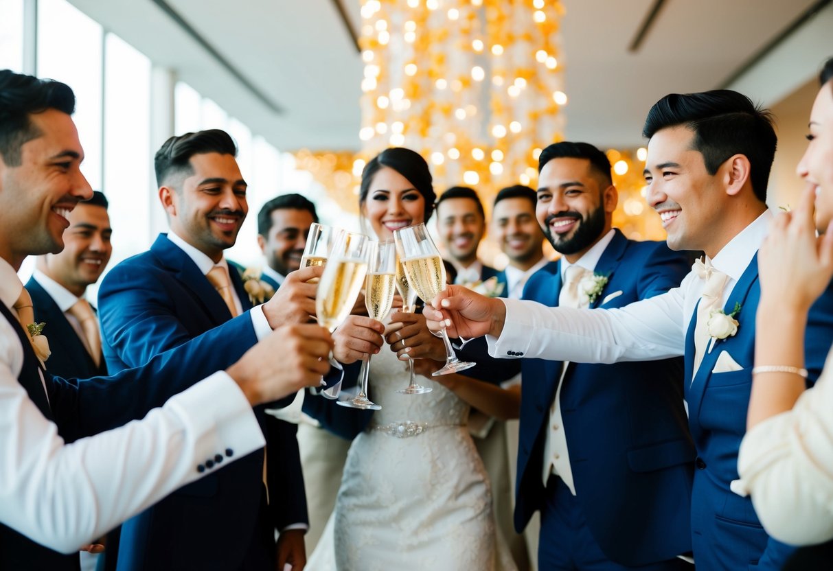 A bride and groomsmen toast with champagne at a lively pre-wedding celebration
