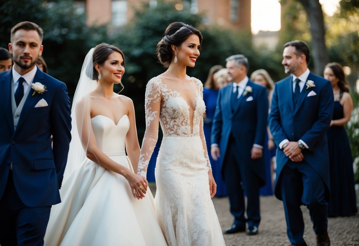 A woman in an elegant long gown, standing beside a bride