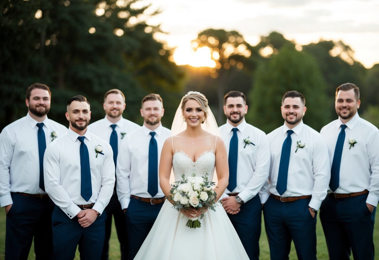 A bride stands with a group of groomsmen, all dressed in formal attire, ready for the big day