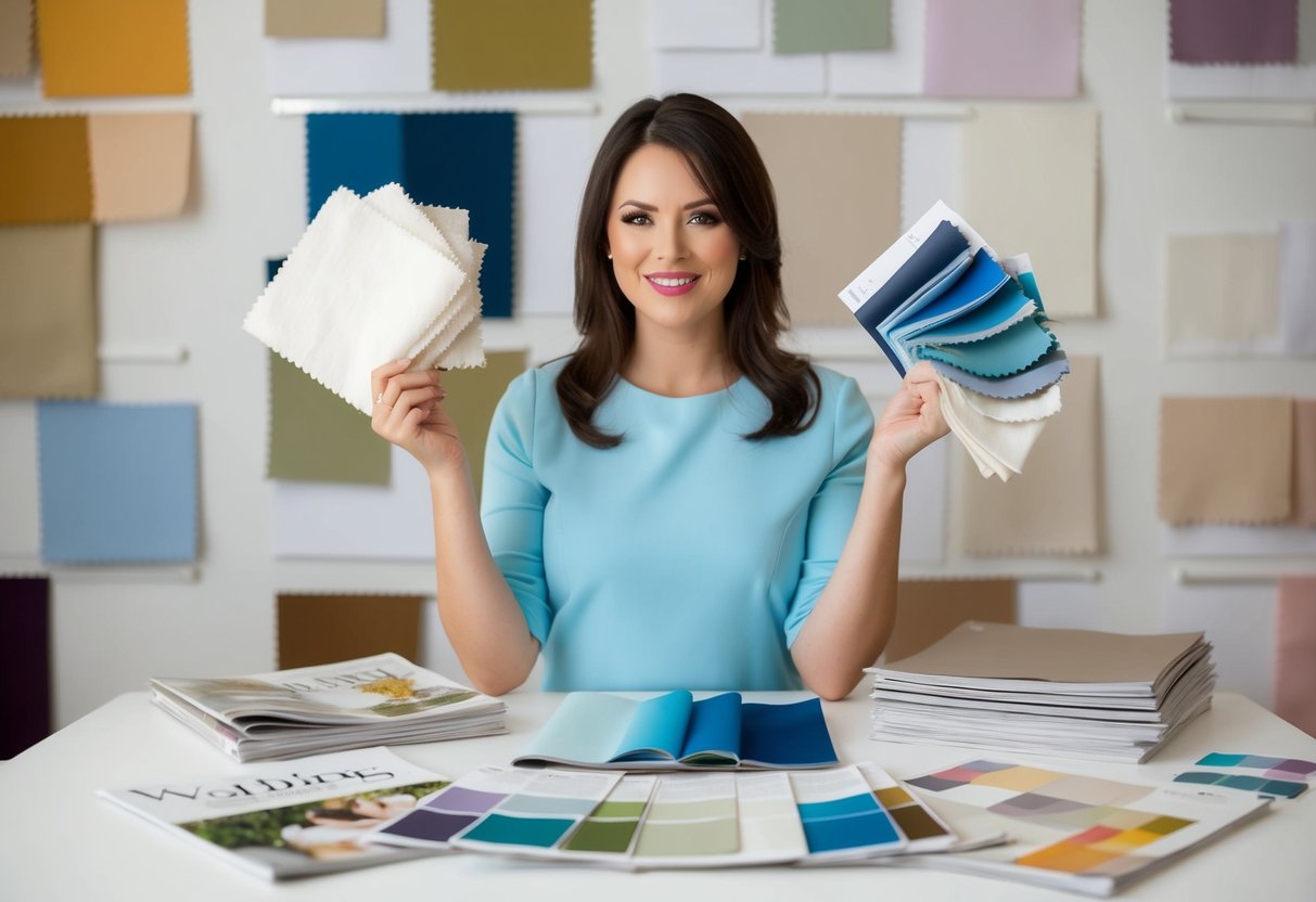 A woman holds up swatches of fabric, surrounded by wedding magazines and color samples