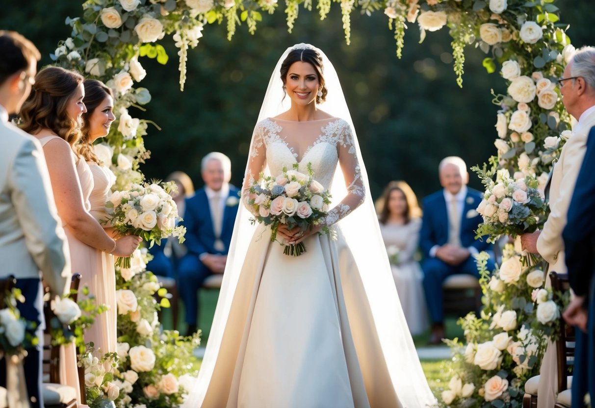 A mother in an elegant long gown, surrounded by seasonal flowers and decor at a wedding ceremony