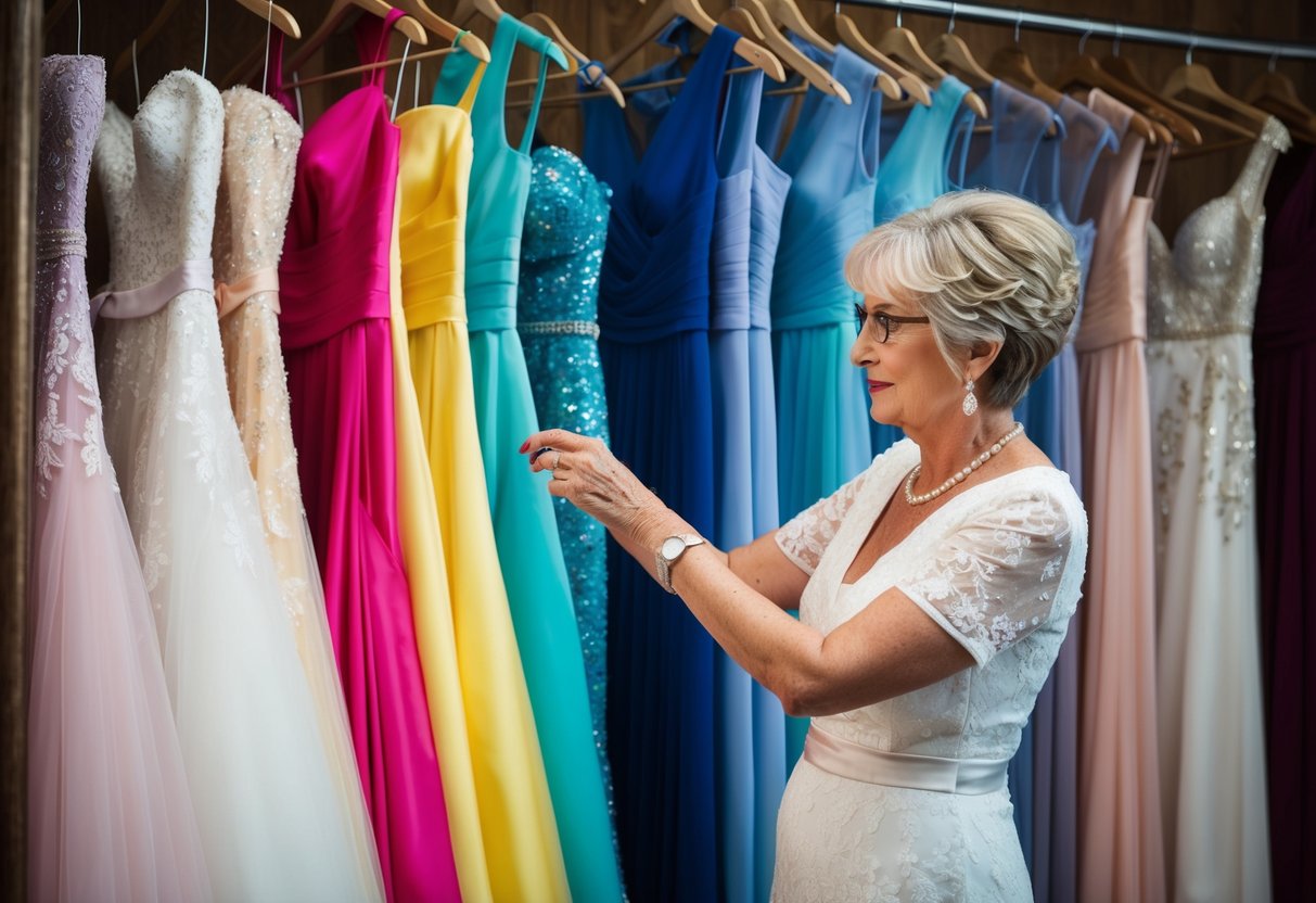 The mother of the bride stands in front of a rack of colorful dresses, carefully selecting the perfect shade for her daughter's wedding