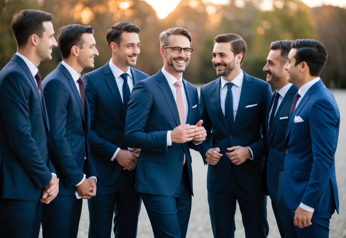A group of men in formal suits standing together, smiling and chatting