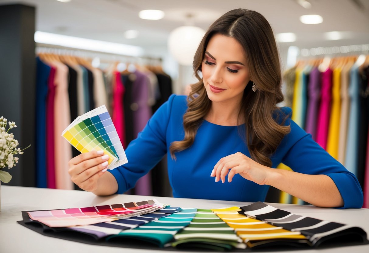 A woman compares swatches of fabric in various shades, carefully considering the color options for her dress