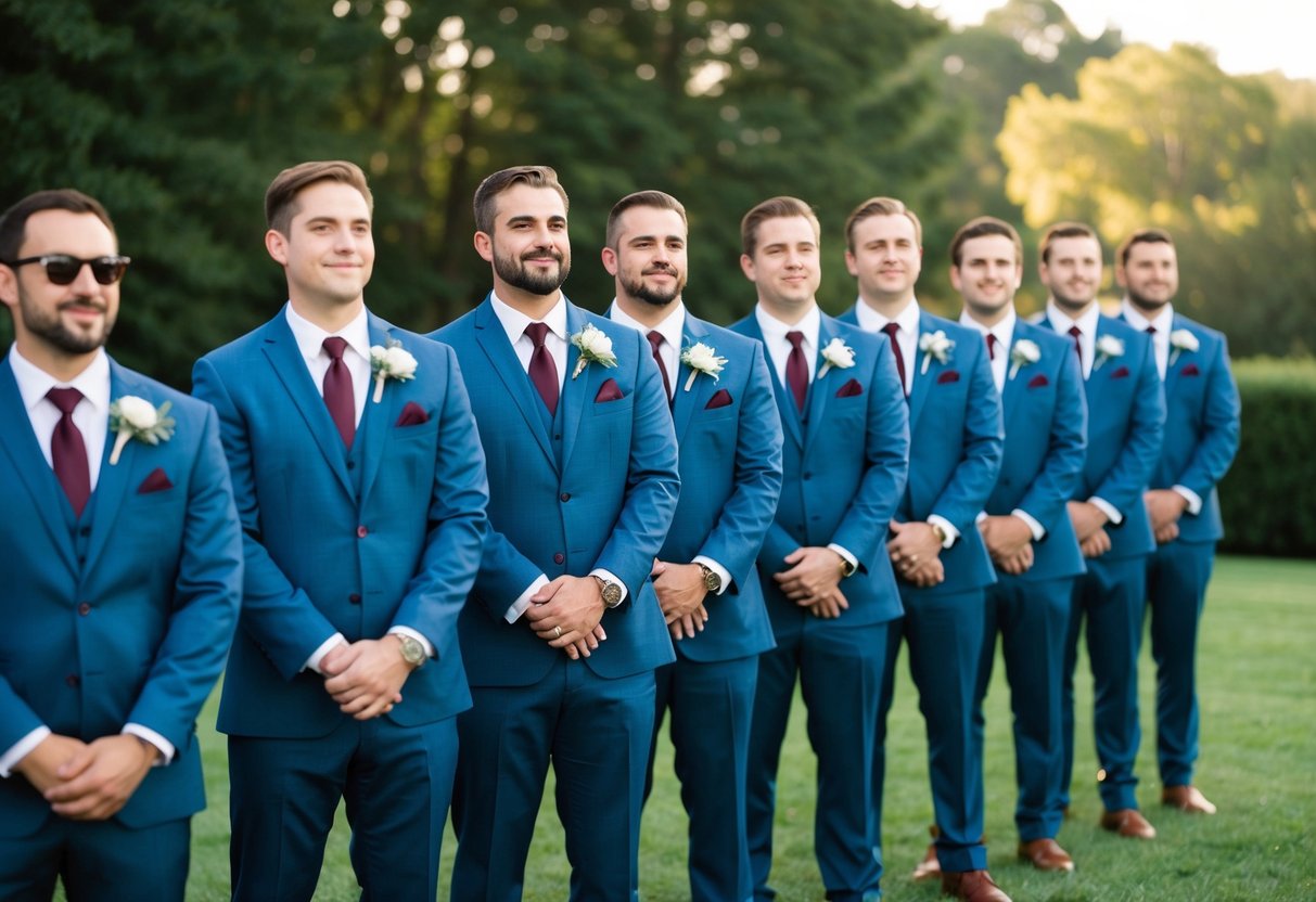 A group of groomsmen stand in a line, wearing matching suits and holding boutonnieres. They appear organized and ready for their roles