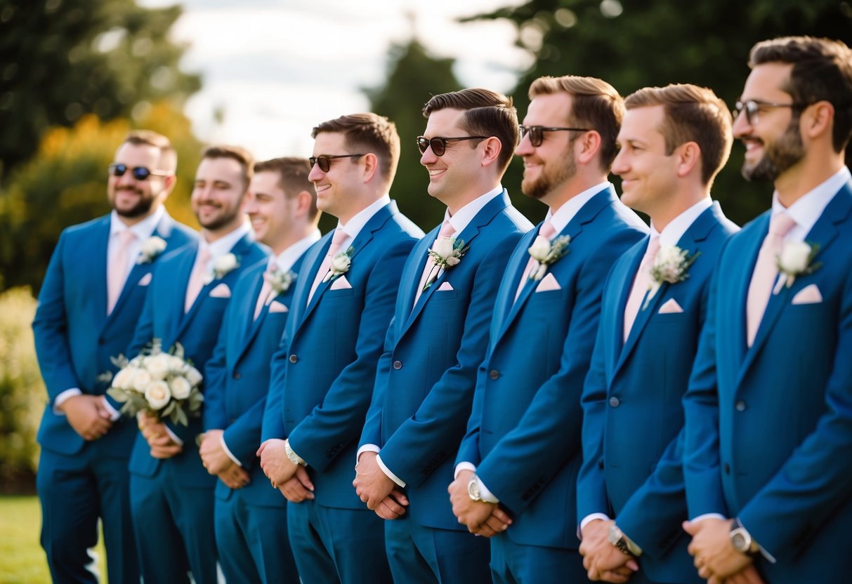 Groomsmen in matching suits stand in a line, holding bouquets. They smile as they await the start of the pre-wedding ceremony
