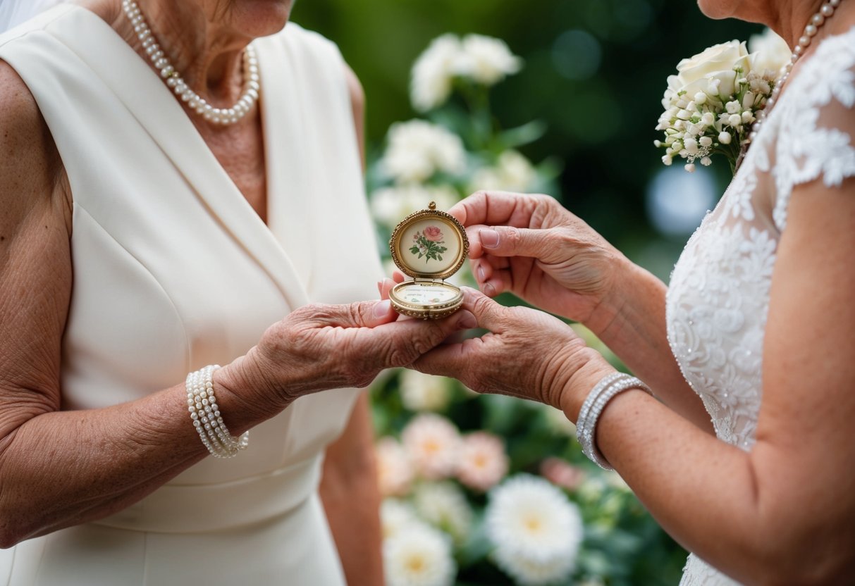 A grandmother presents a vintage locket to the bride, symbolizing the continuation of family tradition